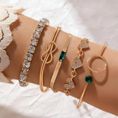 5 pcs Green Heart Gemstone Bangle Bracelet Set 
